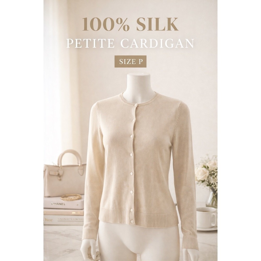 August Silk Petite Cardigan 100% Silk Beige Button Front Size P